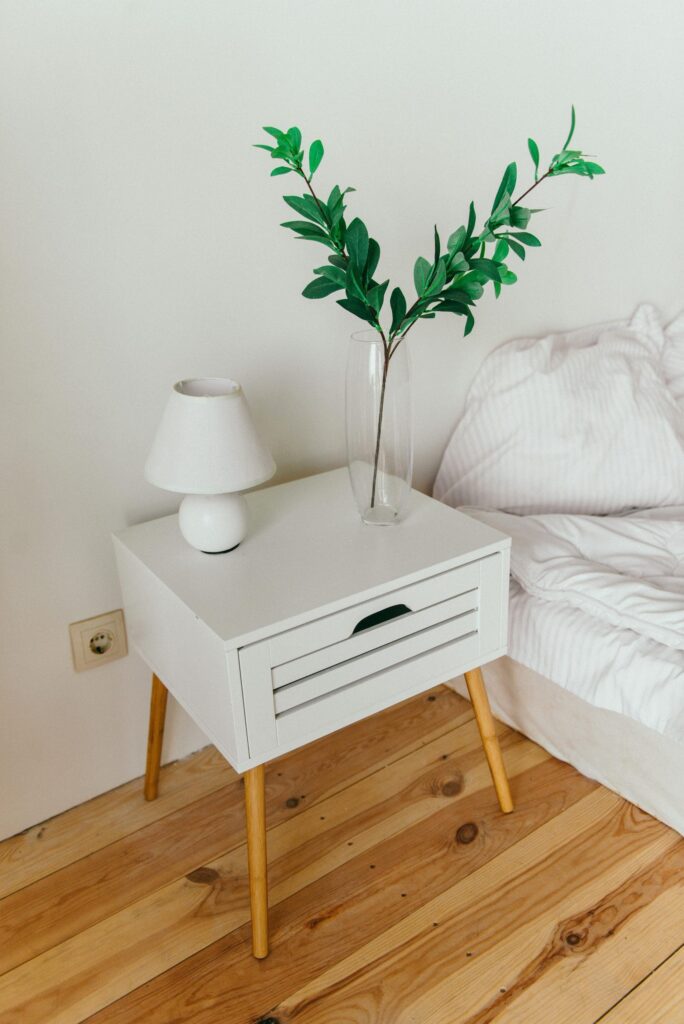 engineered-wood-flooring-Dublin White Table Lamp on Top of Nightstand